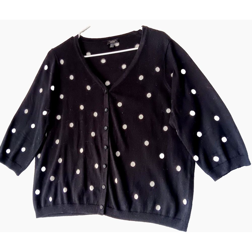 Talbots Black and White Polka‎ Dot Button Cardigan Sz 1X 3/4 Sleeves Vintage